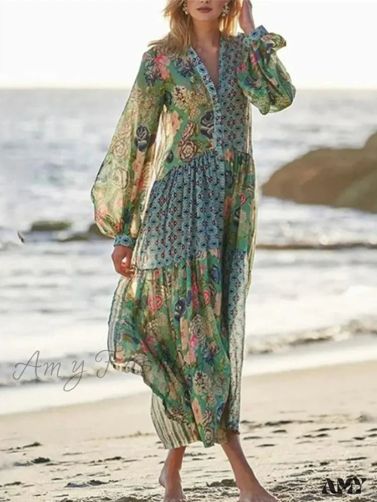 Elevated Casual Discounts Dreamy Aesthetic Amy Fashion - Elegant Floral Print Lantern Long Sleeve Chiffon Boho Dress