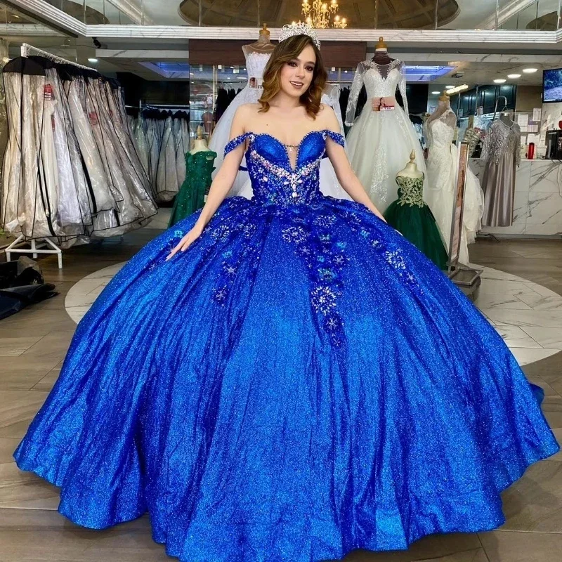 Timeless Elegance Sale Y2K Nostalgic Fashion Look Blue Glitter Crystal Sequined Ball Gown Quinceanera Dresses Off The Shoulder Applique Lace Beading Corset Vestidos De 15 Anos 20