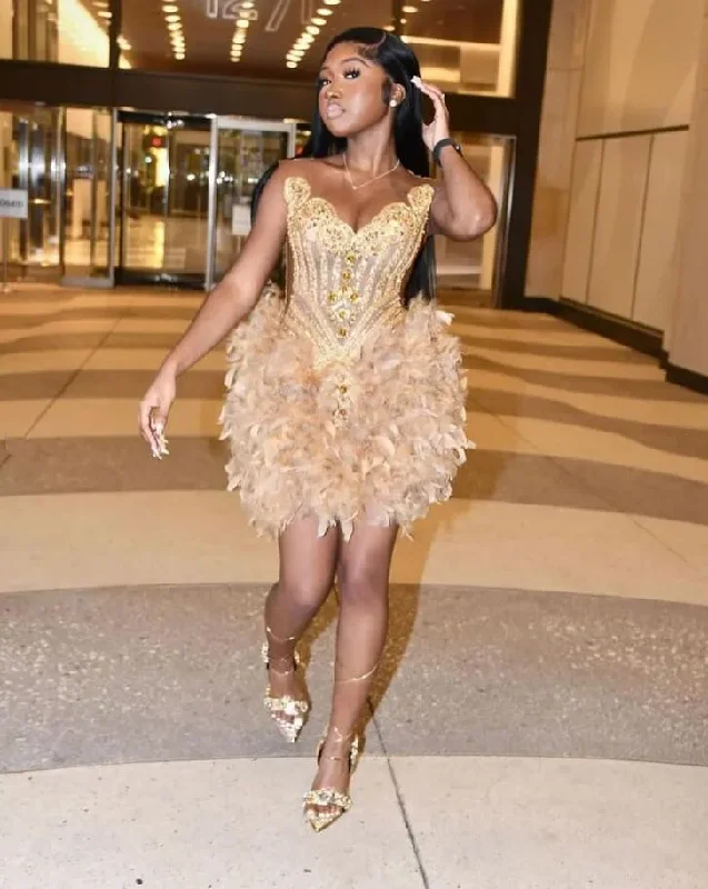 Chic & Modern Sales Save on Classic Elegant Styles Gold Luxury Short Prom Homecoming Dresses for Black Girl Sparkly Diamond Crystal Feather Birthday Gown vestidos de graduación