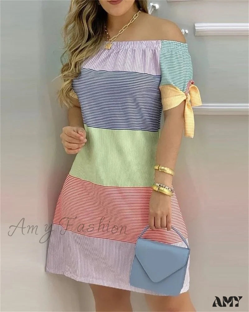 Trendy Street Style Weekend Special Amy Fashion - Off Shoulder Sexy Short Sleeve Bow Tie Striped Floral Print Mini Dress