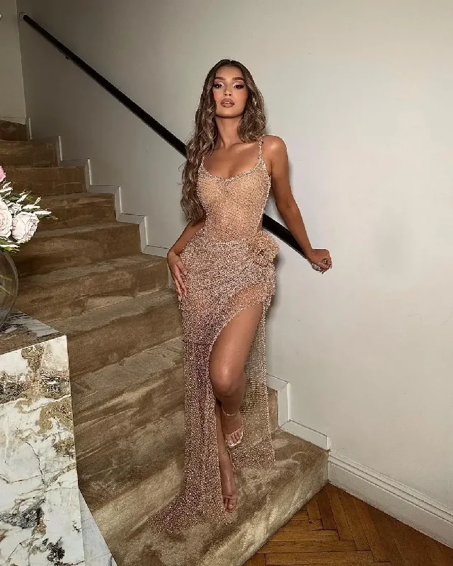 Special Offers Casual Chic Beaded Prom Dresses Spaghetti Strapless Women Wear Cocktail Party Gowns Backless Sexy Evening Gowns Side Slit Robe Des