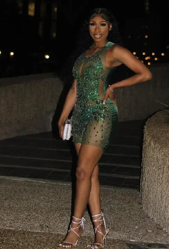 Hurry Before It'S Gone Urban Sophistication Emerald Green Mini Evening Cocktail Dresses Sheer Mesh Black Girl Diamond Crystal Birthday Party Gown vestidos de 15años