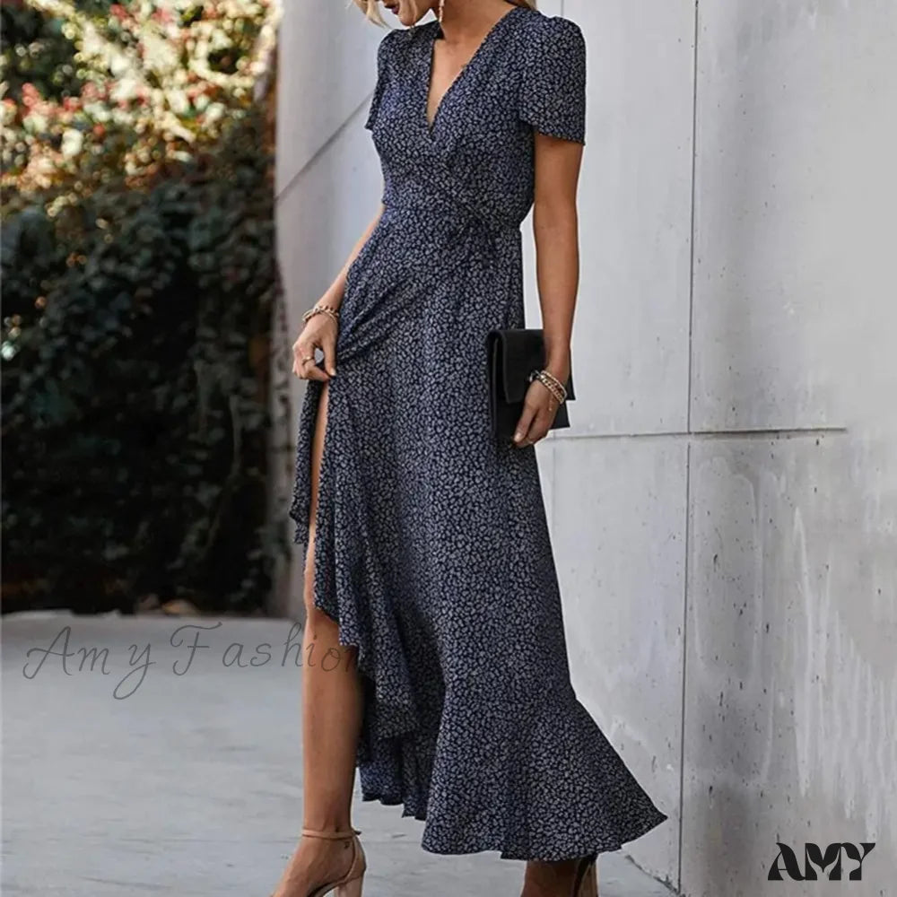 Flirty Fashion Discounts Dreamy Draping Amy Fashion - Floral Print Sexy V Neck Ruffle Hem Wrap Vintage Boho Dress