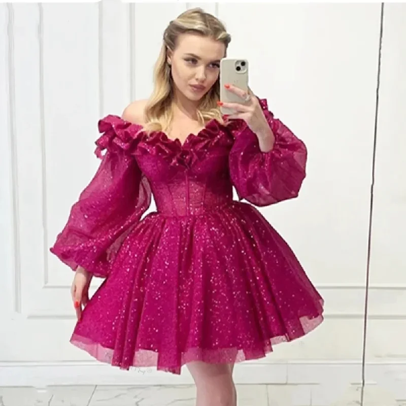 Evening Elegance Polished Finish Hot Pink Short Mini Homecoming Dresses With Puff Long Sleeves Exposed Boning Corset Girl Party Cocktail Celebrity Gowns Backless