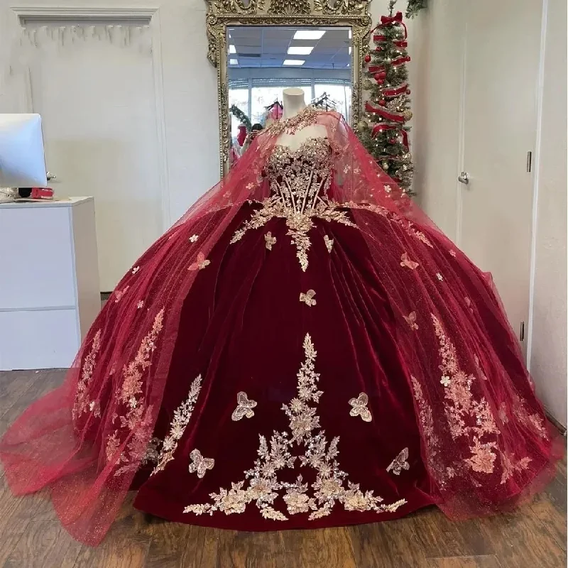 Exclusive Discounts Feminine Grace Burgundy Off-Shoulder Quinceanera Dresses With Cape Vestidos De 15 Anos 3D Lace Masquerade Birthday Party Gowns