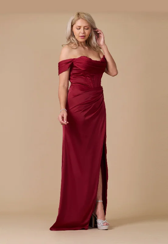 Exclusive Sale Romantic Detailing Corset Satin Formal Evening Dress Burgundy