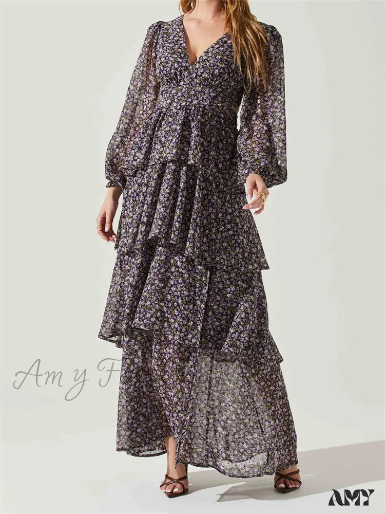 Unleash Your Trendy Side Minimalist Chic Amy Fashion - Women High Split Floral Print   Puff Sleeve V Neck Layered Ruffles Hem Spring Fall Vestidos