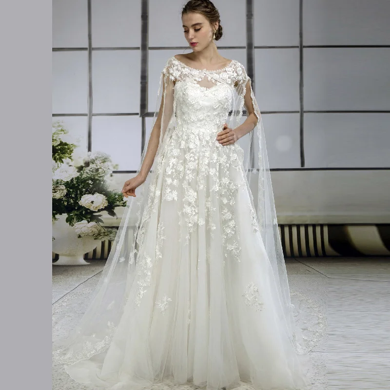 Premium Style Offers Romantic Detailing Flowy Sweetheart Tulle Lace A-line Wedding Dress with Cape