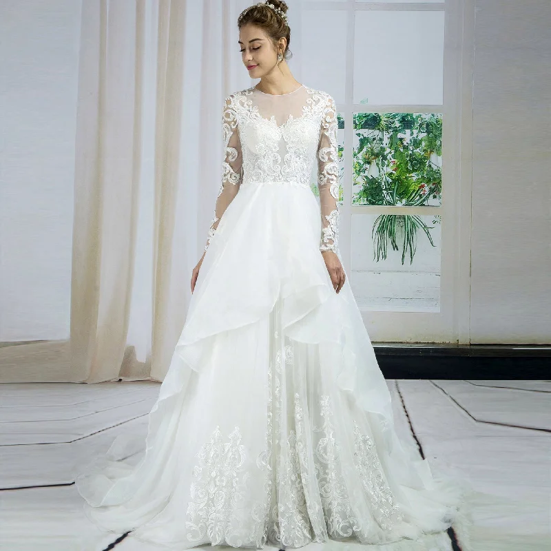 Playful Fashion Offers Dreamy Draping Sheer Long Sleeve High Boat Neckline A-line Bridal Wedding Dress