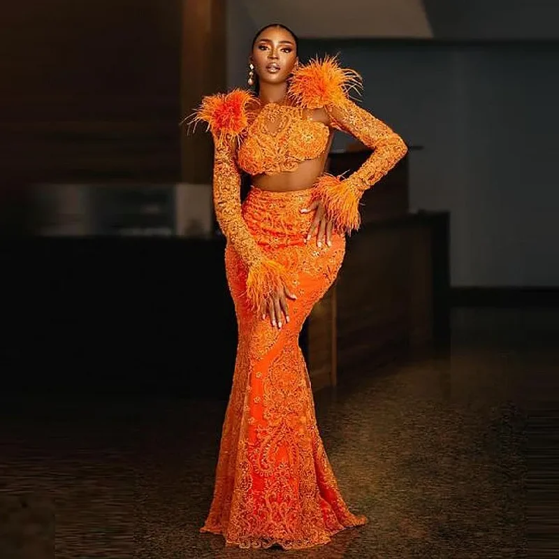 New In This Season Sophisticated Cut Aso Ebi Lace Evening Dresses With Feathers See Through Long Sleeves Prom Dress African Women Formal Celebrity Birthday Gowns