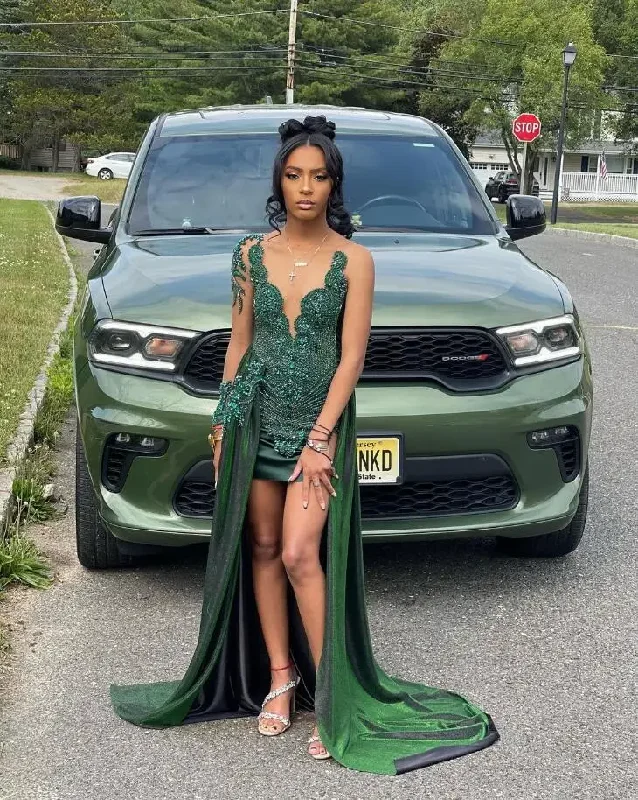 Daring Fashion Promotions Bold Silhouette Emerald Green Short Prom Homecoming Dresses with Overskirt Sparkly Diamond Black Girl Birthday Gown vestidos de graduación