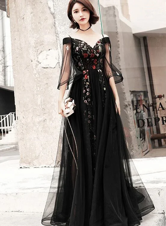 Limited Time Deal Bold Patterns Black Floral Off Shoulder Floor Length Party Dress, Black Tulle Prom Dress Formal Dress   cg20634