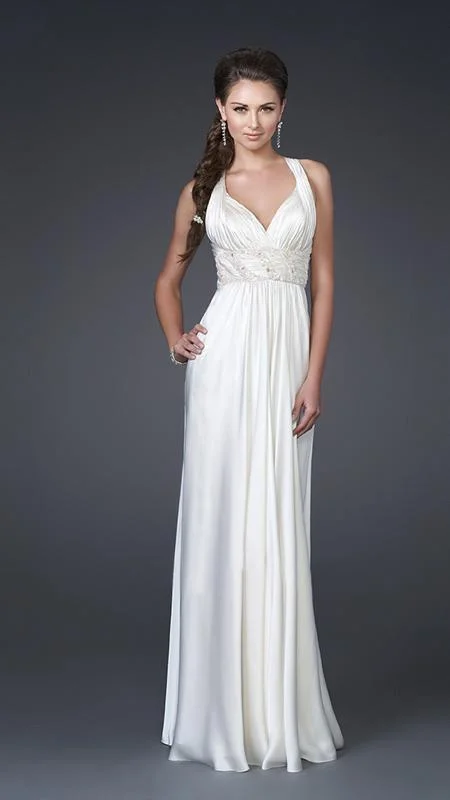 Modern Fashion Sale Floral Style La Femme Sleeveless V Neck Ruched Long Dress 15418SC - 1 Pc Ivory in Size 12 Available