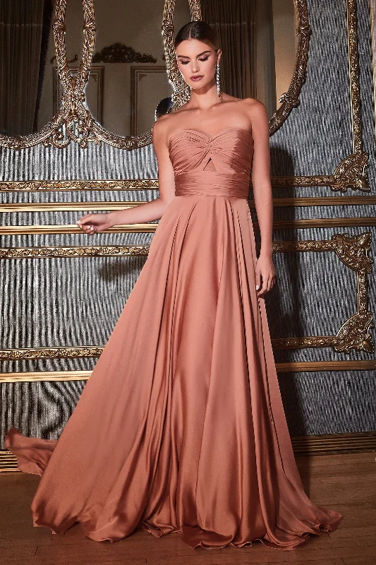 Casual Chic Dreamy Draping Cinderella Divine 7496 Long Satin Strapless Keyhole Prom Formal Dress Rose Gold