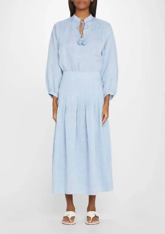 Street Style Discounts Luxury Comfort Rhodes Split-Collar Pleated Midi Dress In Coastal Blue Melange