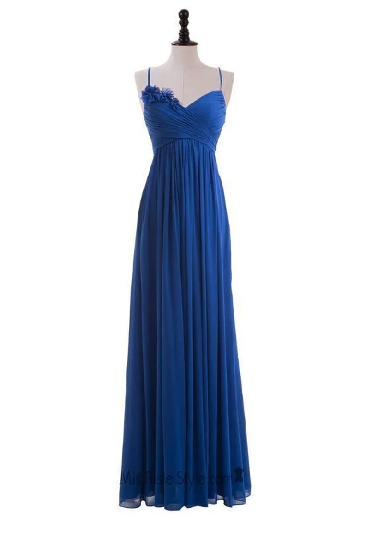 Chic Style, Always In Vogue Feminine Charm Royal Blue Floral Embellished Ruched Plunge V Spaghetti Straps Floor Length A-Line Formal Dress, Prom Dress  cg9010