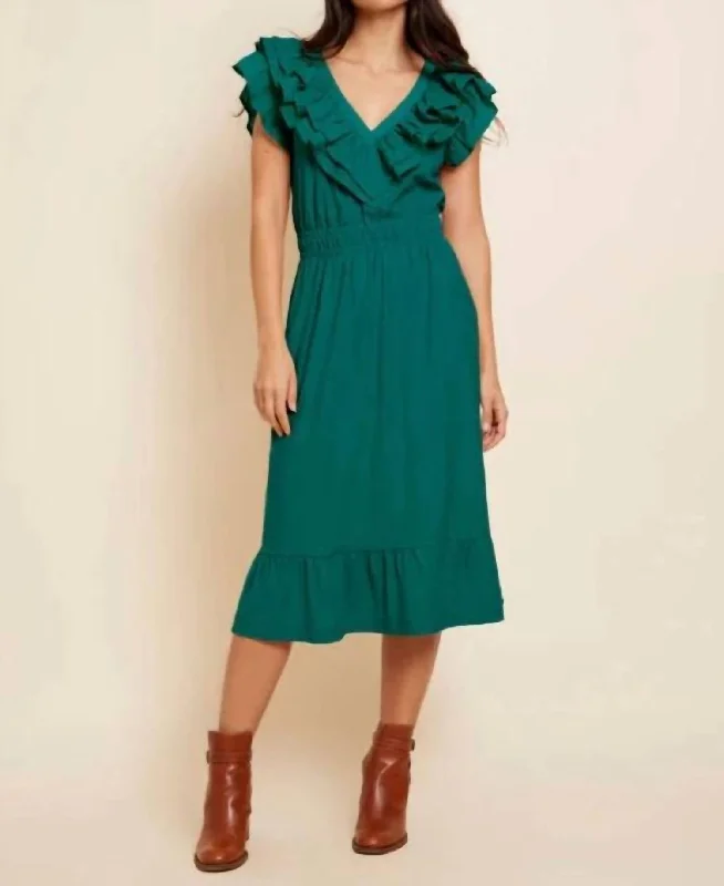 Quick Grab Deals Ethnic Cultural Event Wear Aria Contrast Ruffle Midi Dress In Emerald