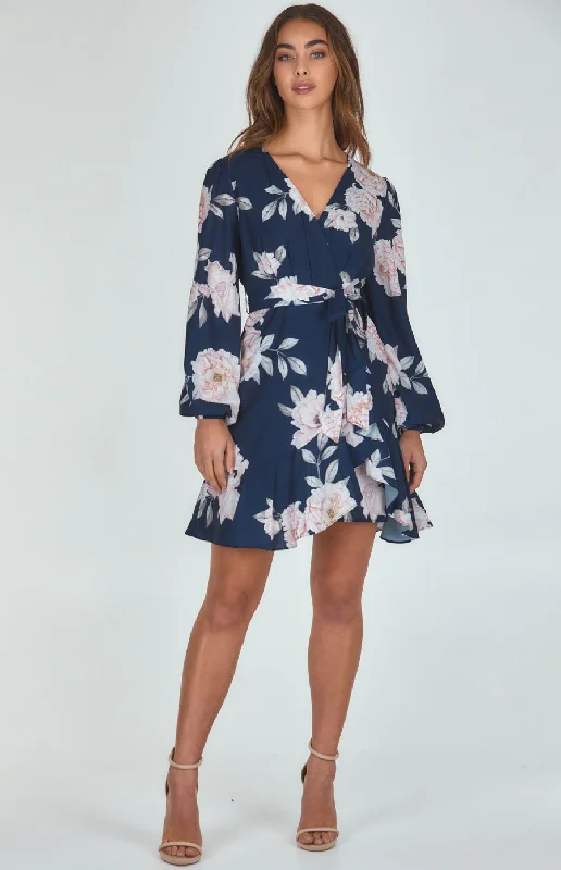 Fashion-Forward Offers Soft Textures Floral Print Cross Front Dress With Asymmetric Hem