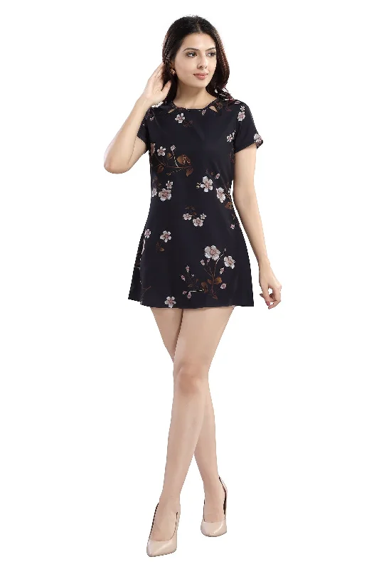 Summer Deals Chic Allure Cherrylavish  Black Floral Crepe Mini A-Line Dress With Cut-outs