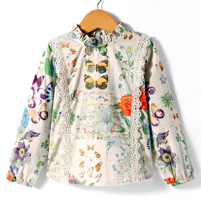 Flash Sale, Don'T Miss Weekend Special Pre-Order: All over butterfly n floral print full sleeves top with pleats at neck lace on front sides-Off White