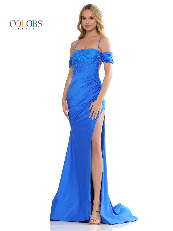 Chic And Trendy Disco - Inspired Retro Dance Look Colors 3158 Long Off Shoulder Formal Fitted Satin Prom Dress