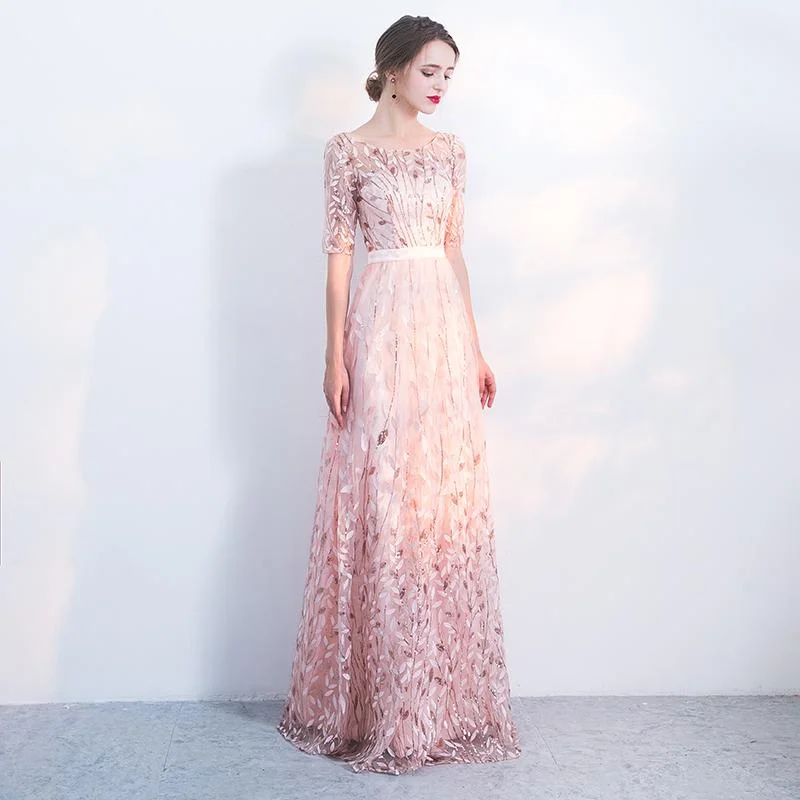 Weekend Exclusive Modern Romance Pink Short Sleeves Lace Floral Party Dress, A-Line Wedding Party Dress prom Dress    cg20823