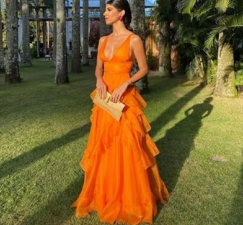 High-End Style Discounts Parisian Effortless Chic Style Sexy V-neck Prom Dressess A-Line Tiered Cocktail Evening Dress Orange Ladies Formal Sleeveless Gown