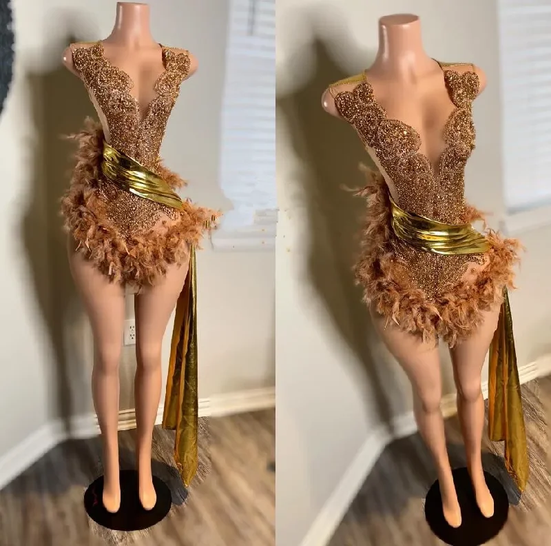 Fashion Forward Romantic Detailing Gold Luxury Short Prom Homecoming Dresses Sparkly Crystal Beaded Feather Black Girl Birthday Gown vestidos de gala mujer