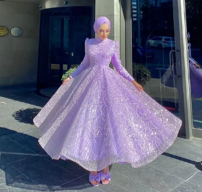 Weekend Exclusive Disco - Inspired Retro Dance Look Lavender Muslim Evening Dresses Long Sleeves Sequined A-Line Formal Party Gowns Ankle Length Saudi Arabic Prom Dress Dubai