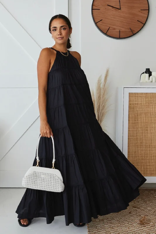 Exclusive Designer Style Deals Elegant Attire Kaye Black Cotton Sleeveless High Neck Tiered Maxi Dress