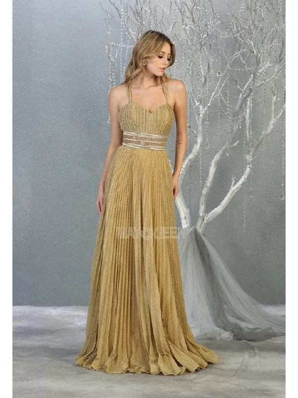 Stylish Looks Effortless Style May Queen - RQ7869 Sleeveless Pleated Long Dress - 1 pc Gold in Size 6 Available