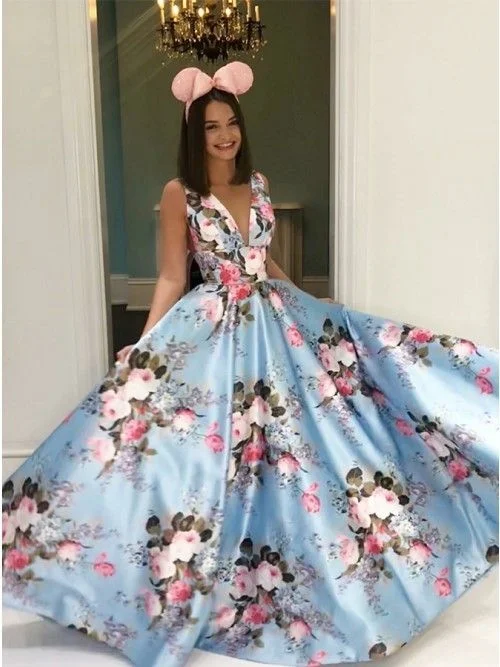 New Arrivals Fashion-Forward Style Blue Floral Prom Dress Floor-Length Evening Dresses       cg23030