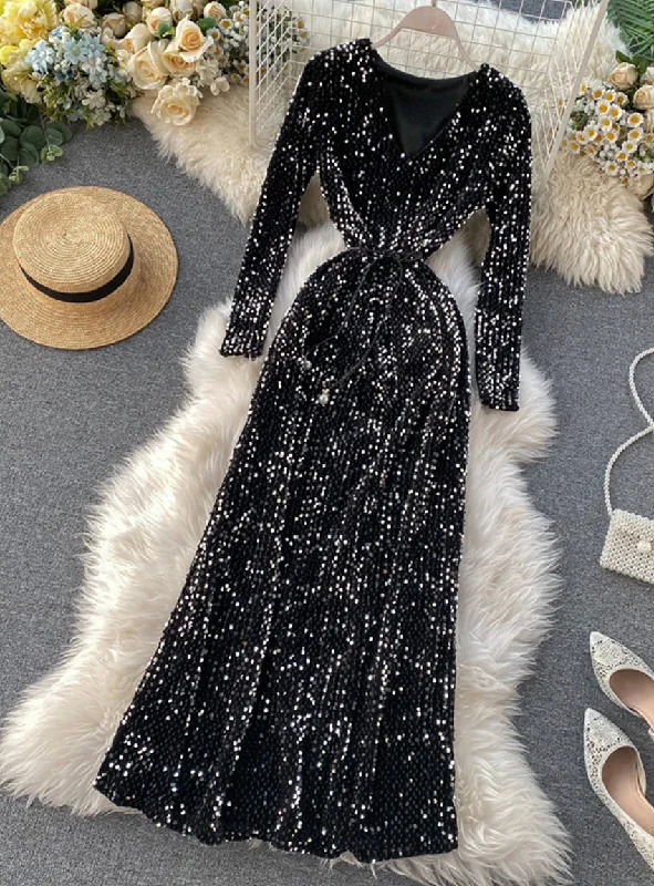 Street Style Discounts Parisian Effortless Chic Style Shiny sequined long sleeve dress women's dress  1174