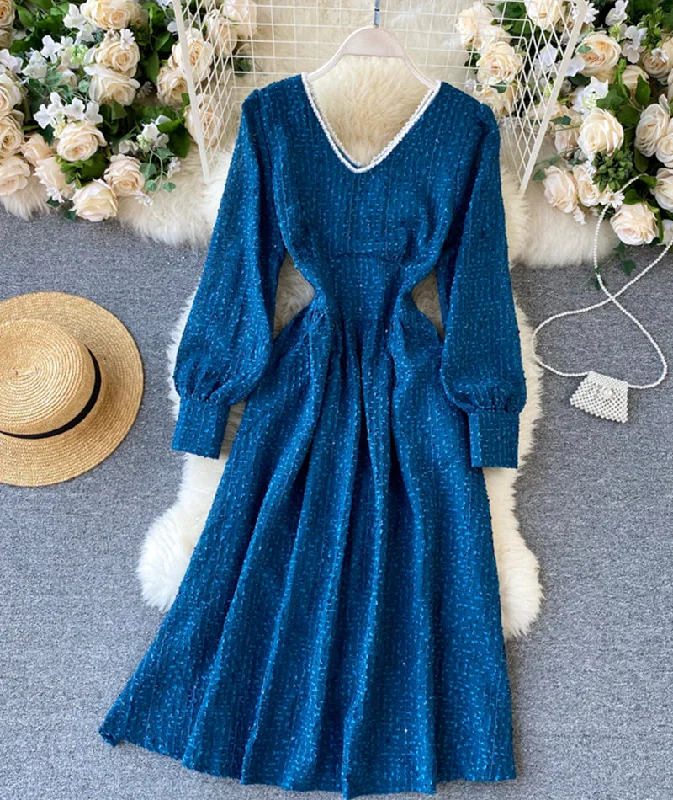 Find Your Unique Flair Fashion-Forward Style Blue v neck long sleeve dress  978