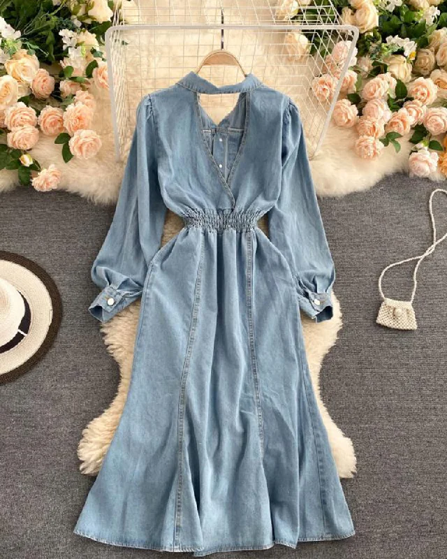 Feminine Luxe Style Sale Elegant Details Stylish denim backless dress long sleeve dress  1019