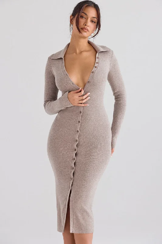 Unleash Your Fashion Luxe Layering Sexy Collared Button Down Long Sleeve Bodycon Rib Knit Sweater Midi Dress - Camel