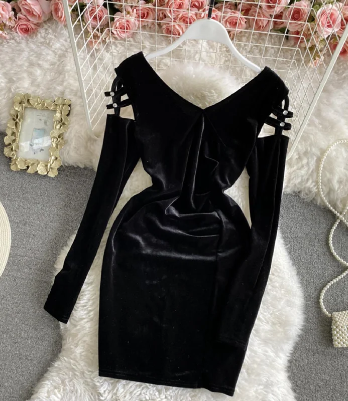 Casual Chic Seasonal Trend Black velvet short dress long sleeve dress  1300