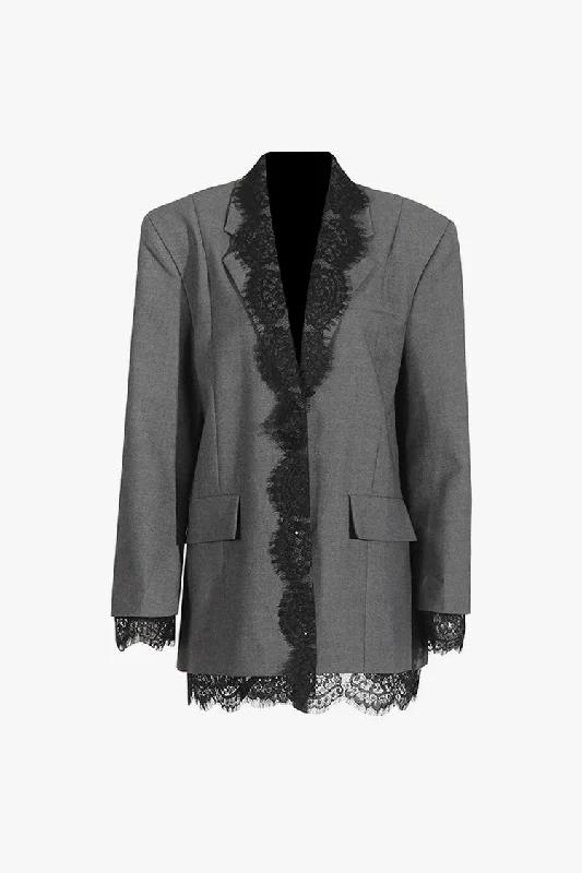 Edgy Fashion Deals Luxe Layering Feminine Lace Panel Lapel Strong Shoulder Long Sleeve Oversized Blazer