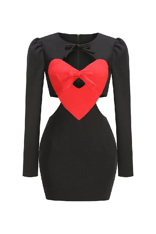 Avant-Garde Style Promotions Playful Elegance Cute Contrast Heart Cutout Bow Tie Crew Neck Long Sleeve Party Mini Dress