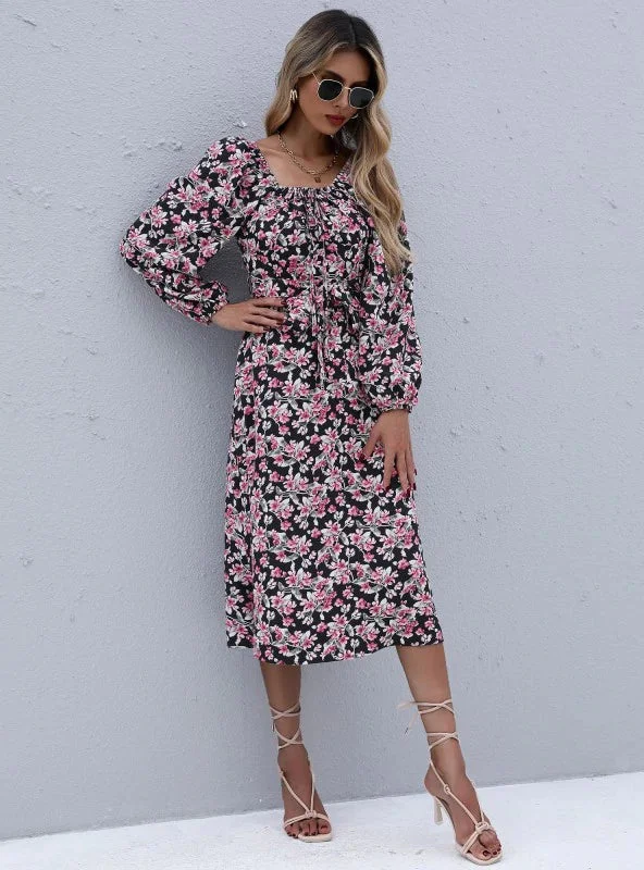 Premium Fashion Vintage Look TastyHottie - LONG SLEEVE FLORAL SQUARE COLLAR PLEATED DRESS