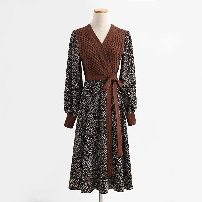 Style Breakthroughs Limited - Stock Long sleeved floral wool dress, thin and bottomed skirt  2215