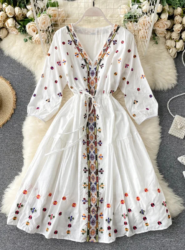 Fashion Sale Coastal Beach - Inspired Style A line v neck embroidery long sleeve dress  1179