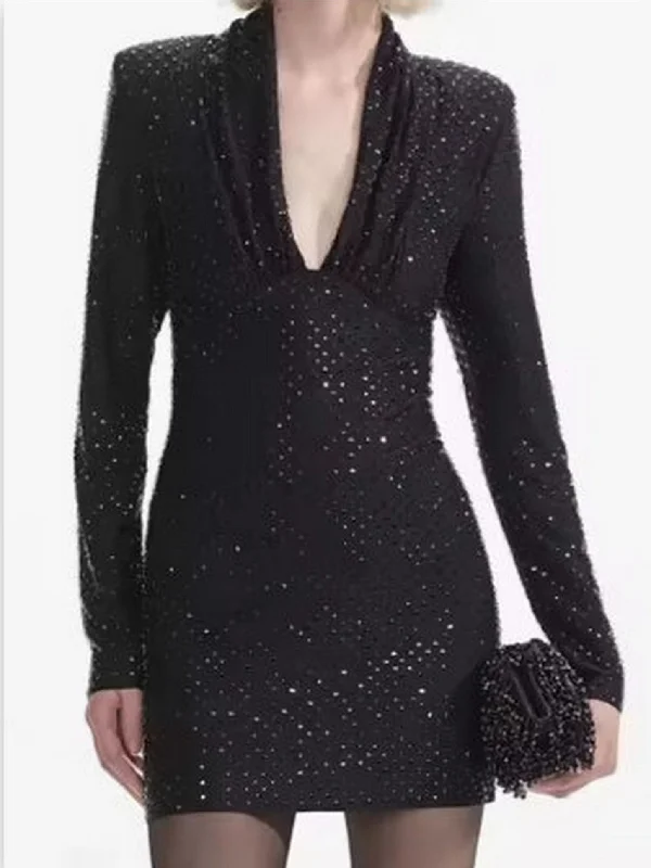 Seasonal Clearance Polished Finish Black Crystal-Embellished Jersey V-Neck Mini Dress