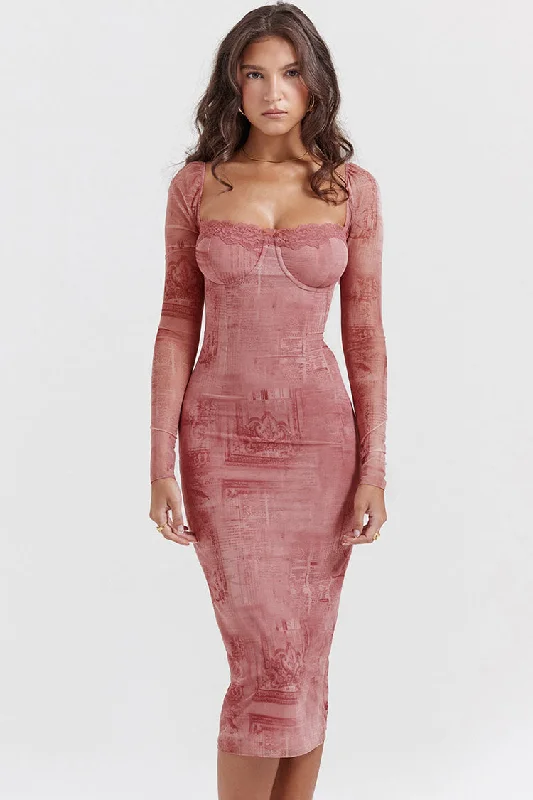 Bid Farewell To The Old Season Vibrant Prints Sexy Sweetheart Lace Up Back Bodycon Printed Cocktail Party Midi Dress - Pink