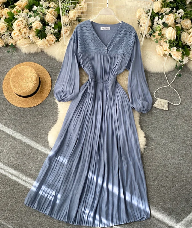 Contemporary Chic Promotions Luxury Style Vintage v neck pleated dress long sleeve dress  1033