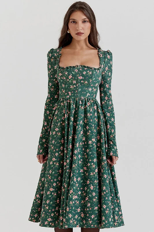 Casual Chic Flowing Silhouette Vintage Ruffled Square Neck Puff Sleeve Fit & Flare Floral Printed Midi Dress - Emerald Green