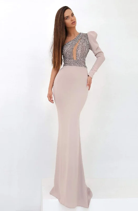 Feminine Style Promotions Seasonal Trend Tarik Ediz - 93858 One Shoulder Long Sleeve Bodycon Long Dress