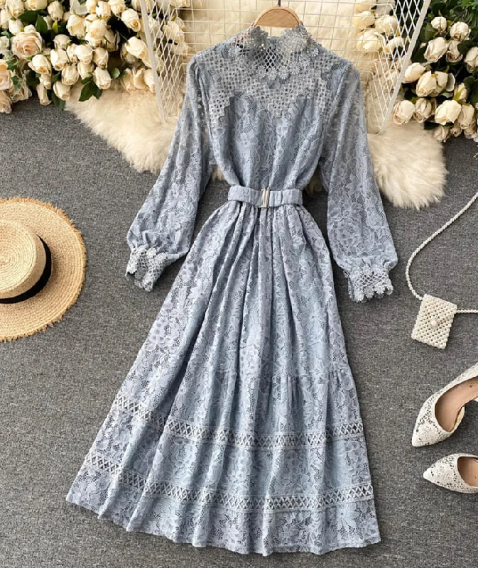 Fast Fashion Favorites Vintage Retro Party Wear Elegant O-neck lace long sleeve dress  970