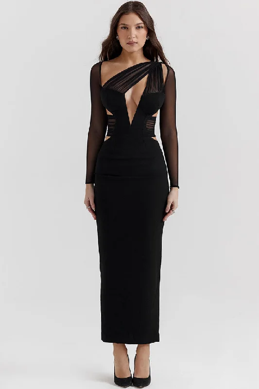 Seasonal Sale Final Clearance Sexy Sheer Ruched One Shoulder Cutout Bodycon Evening Maxi Dress - Black