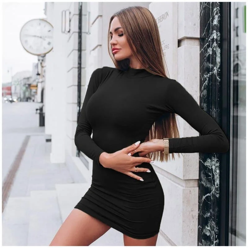 Luxury Fashion Contemporary Chic DressBetty - Sexy Solid Color Turtleneck Skinny Mini Dress